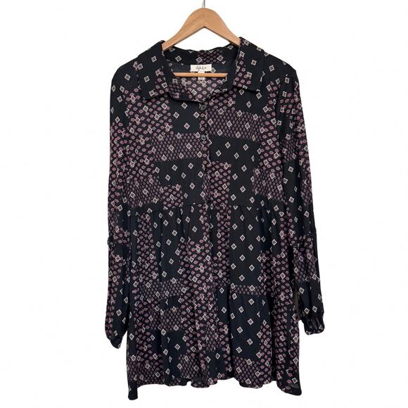 Style & Co Black & Pink Boho Patchwork Print Long Sleeve Tunic Top L - Picture 1 of 7